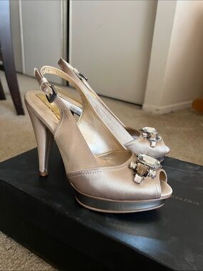 BCBGMaxAzria Champagne Satin Peep-Toe Slingback Heels with Jewel Accent
